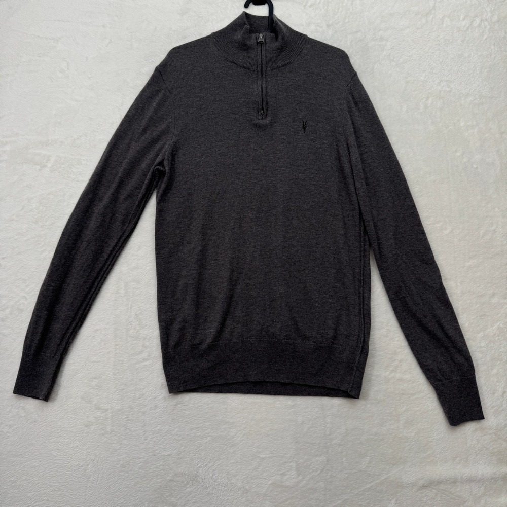 AllSaints Sweater Mens Small Grey Merino Quarter Zip Wool Blend Ramskull Knit
